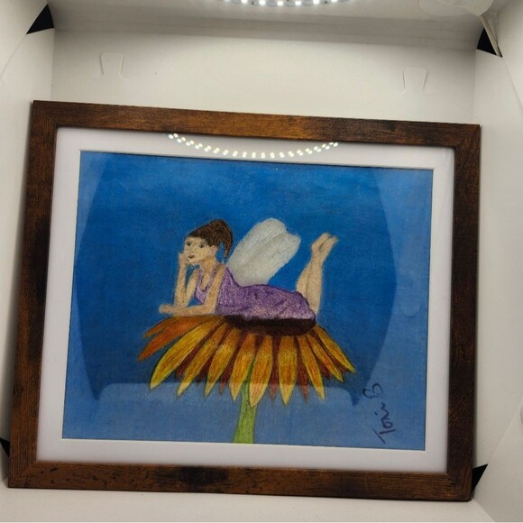 Hand Crafted Fairy On A Flower Colored Pencil Drawing Framed 9x11" - Picture 11 of 14